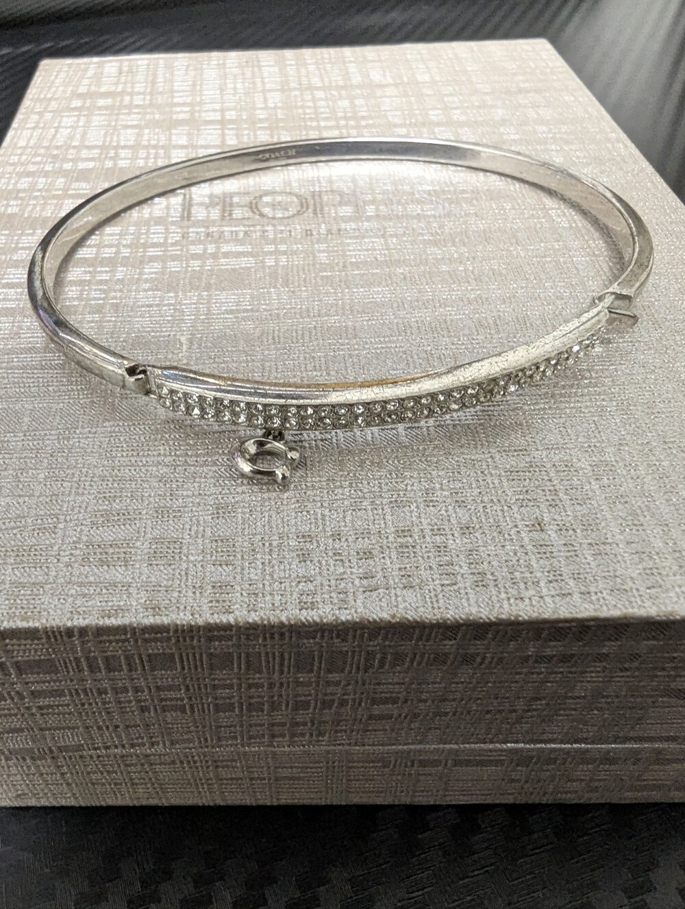 Coach Silver Crystal Pavé Hinged Bangle with Charm